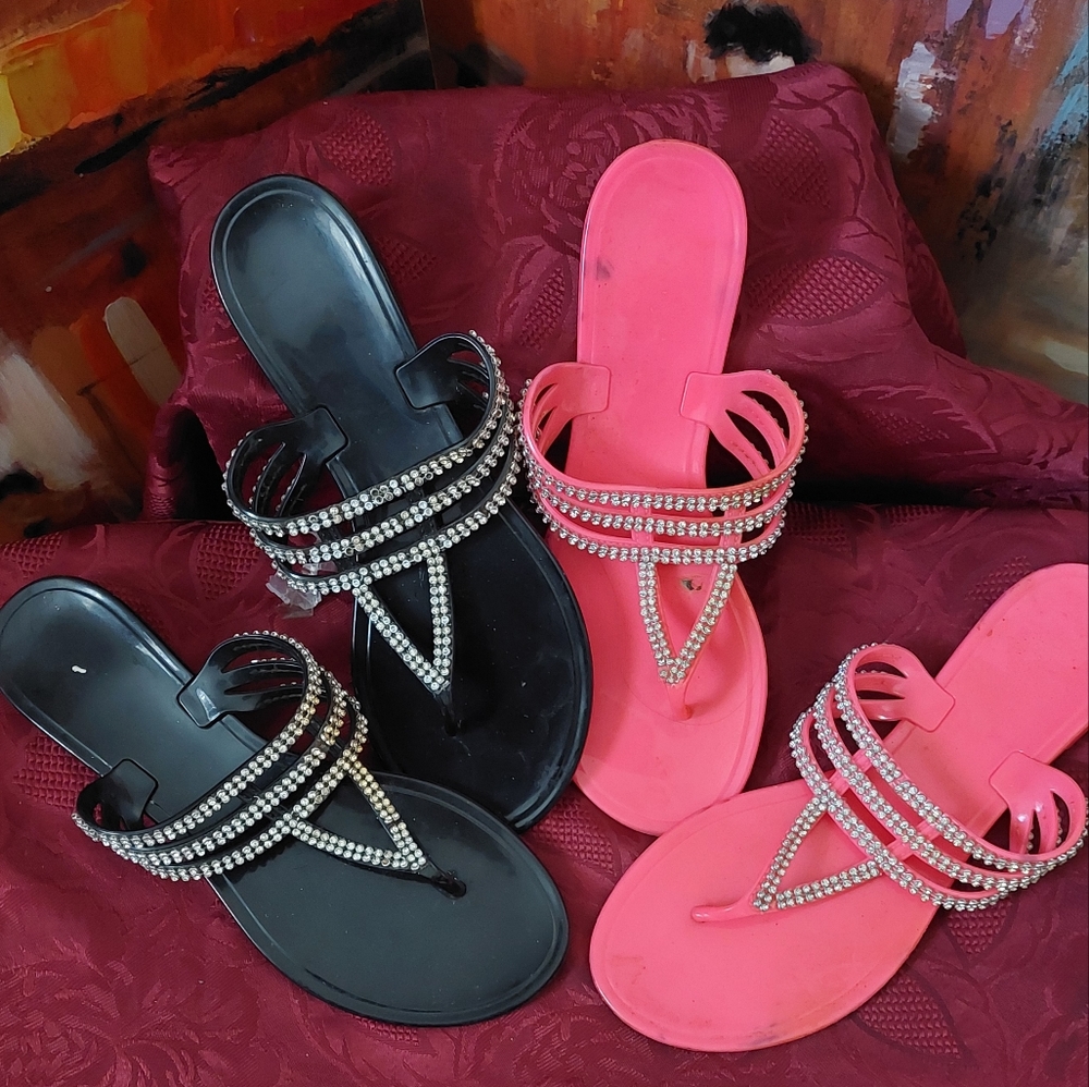 Black and pink rhinestone jelly sandles